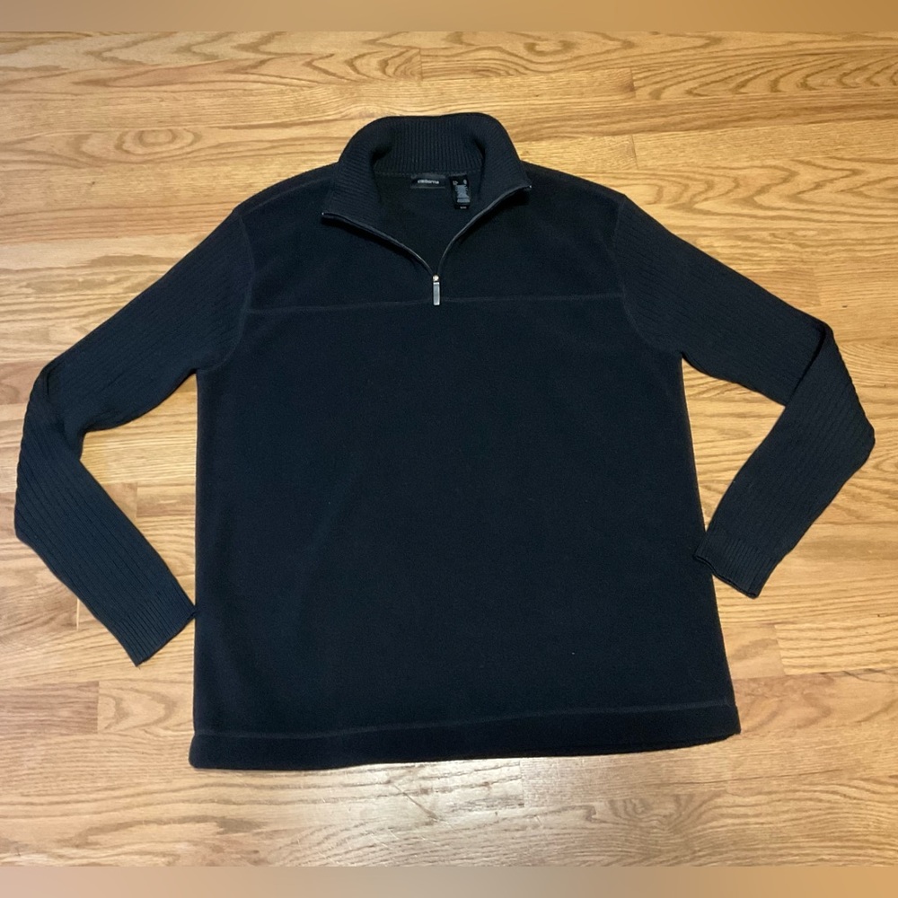 Men’s Claiborne Fleece 3/4 Zip Collared Black Sweater with Ribbed Sleeves.